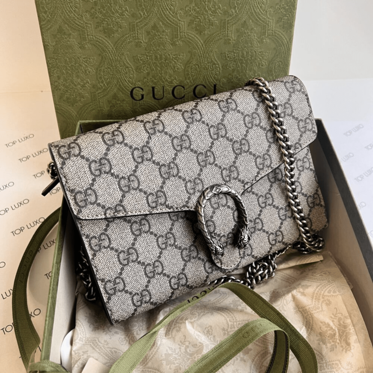 Gucci Dionysus Mini Tasche & Angelina Flache Sandalen Set – Beige Monogram