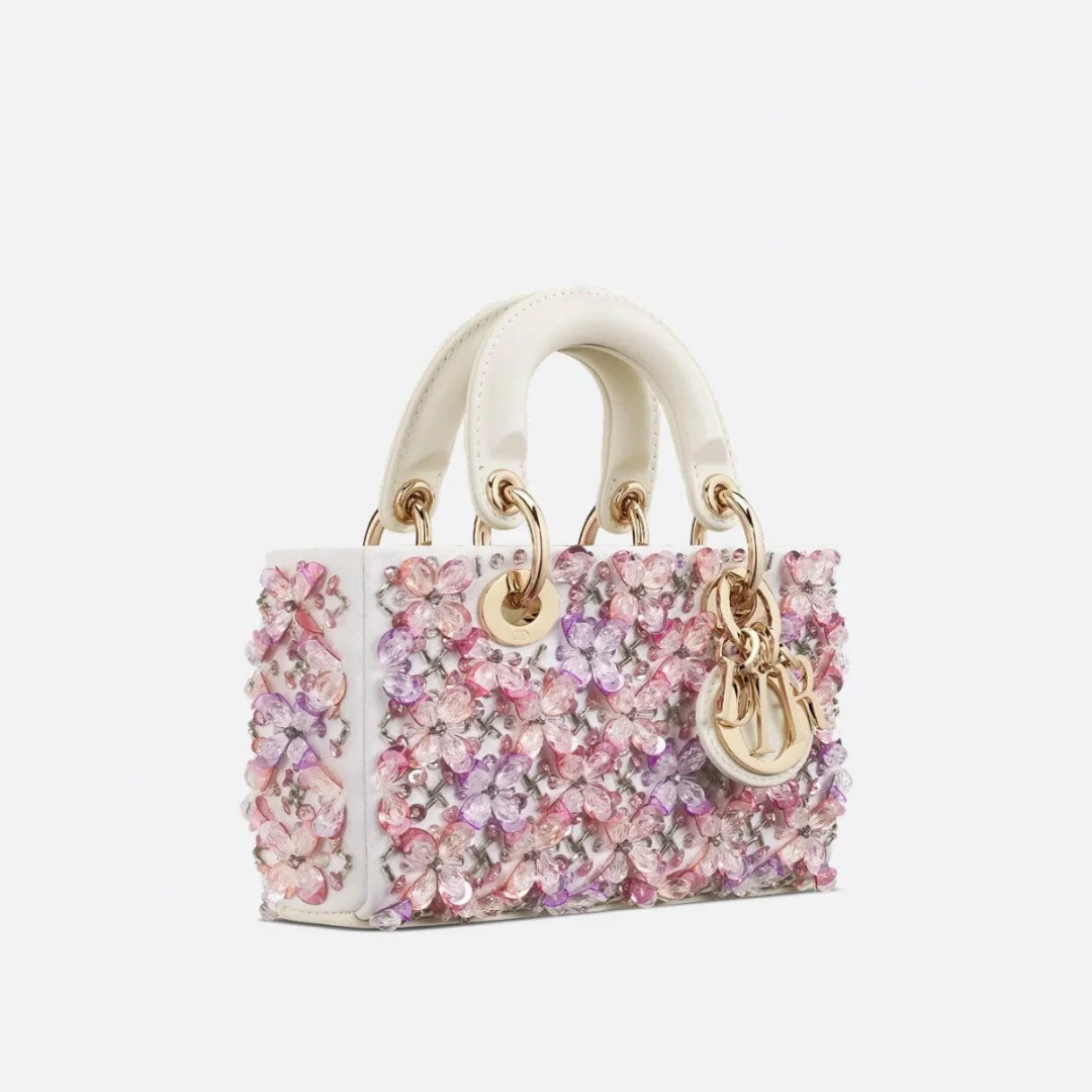 DIOR LADY D-JOY MICRO TASCHE AUS WEISSEM KALBSLEDER MIT ROSA BLUMENSTICKEREI UND STRASS