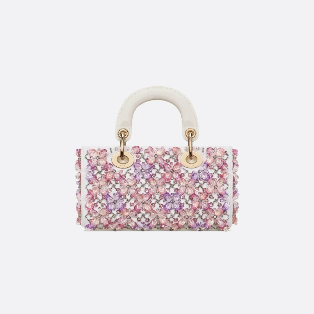 DIOR LADY D-JOY MICRO TASCHE AUS WEISSEM KALBSLEDER MIT ROSA BLUMENSTICKEREI UND STRASS