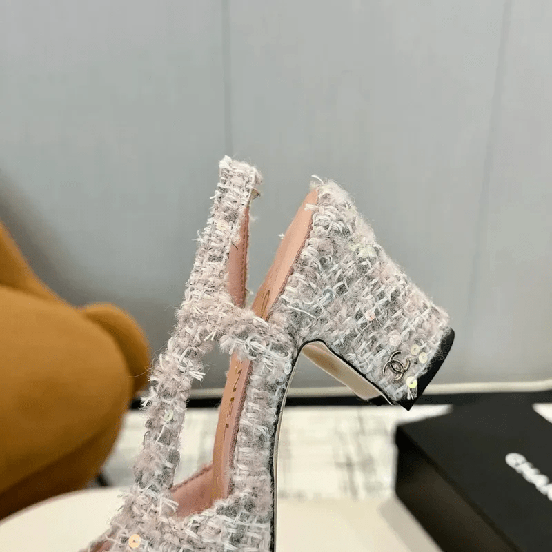 Chanel Slingback Tweed Pink/Weiß mit schwarzer Kappe