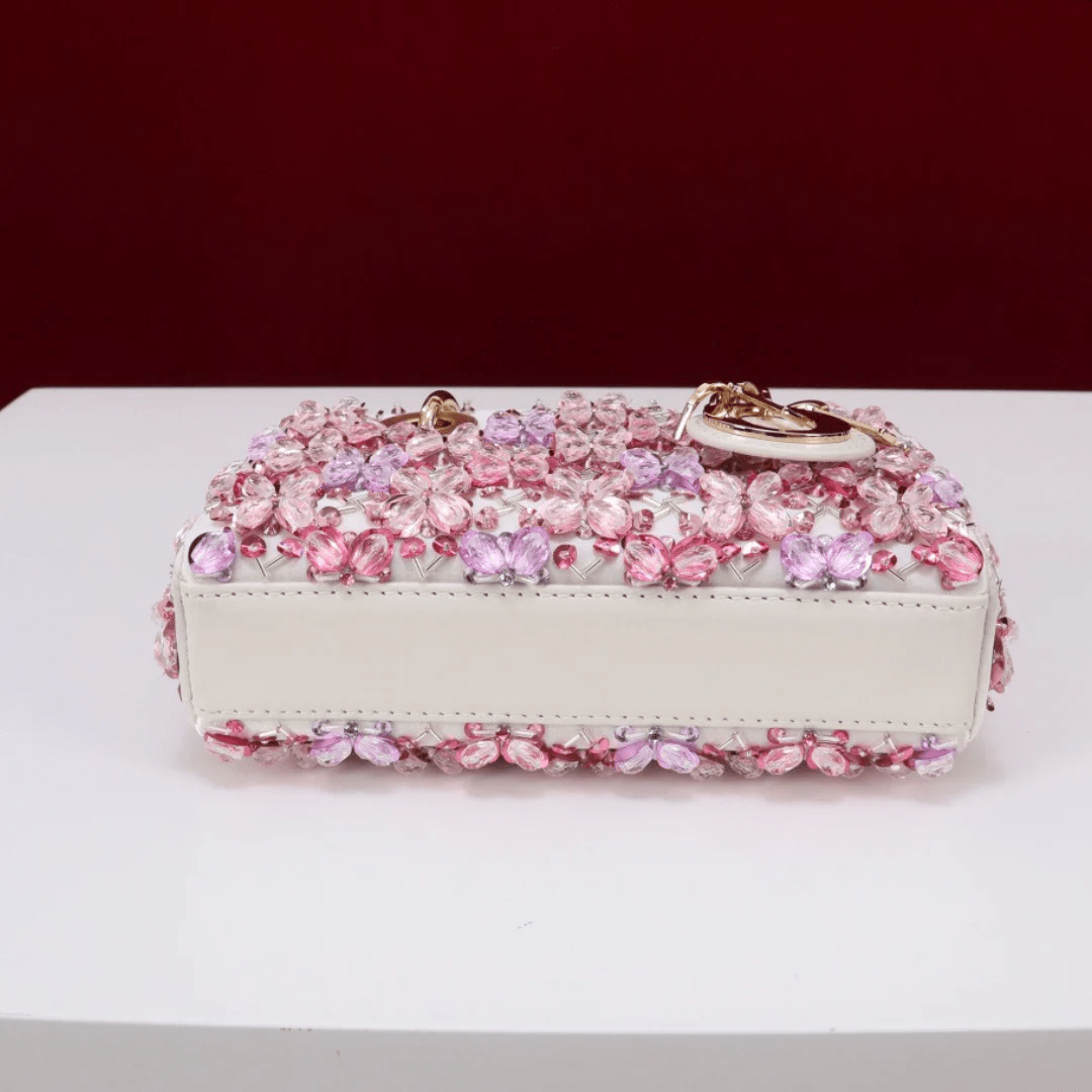 Dior Lady D-Joy Micro Bag in White Calfskin with Pink Floral Embroidery and Strass
