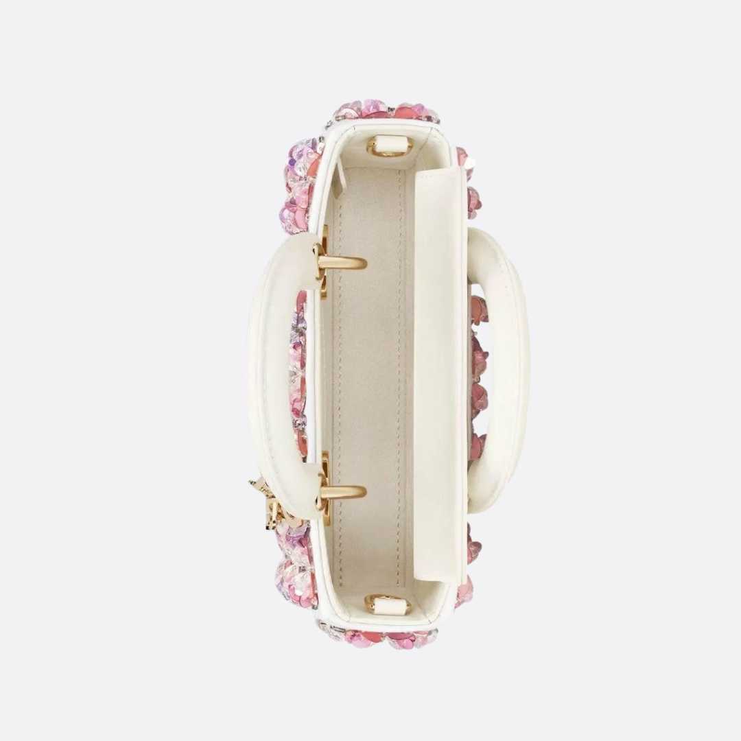 DIOR LADY D-JOY MICRO TASCHE AUS WEISSEM KALBSLEDER MIT ROSA BLUMENSTICKEREI UND STRASS