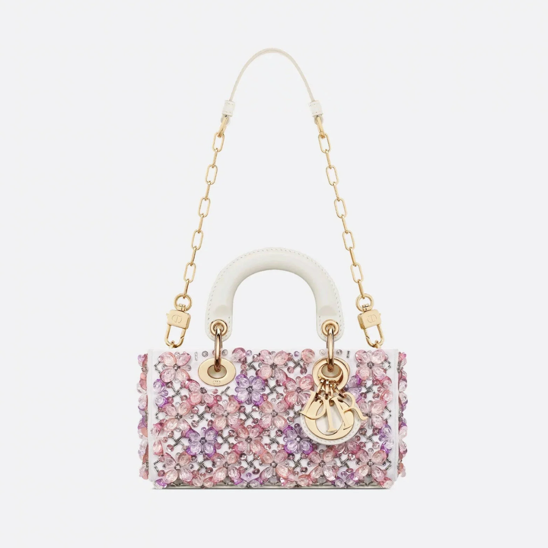 DIOR LADY D-JOY MICRO TASCHE AUS WEISSEM KALBSLEDER MIT ROSA BLUMENSTICKEREI UND STRASS