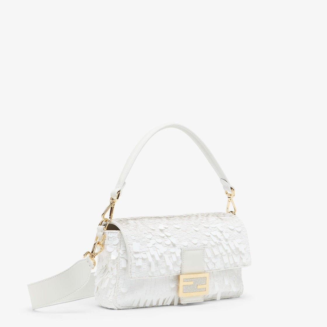 Fendi White Sequin und Leder Baguette Tasche